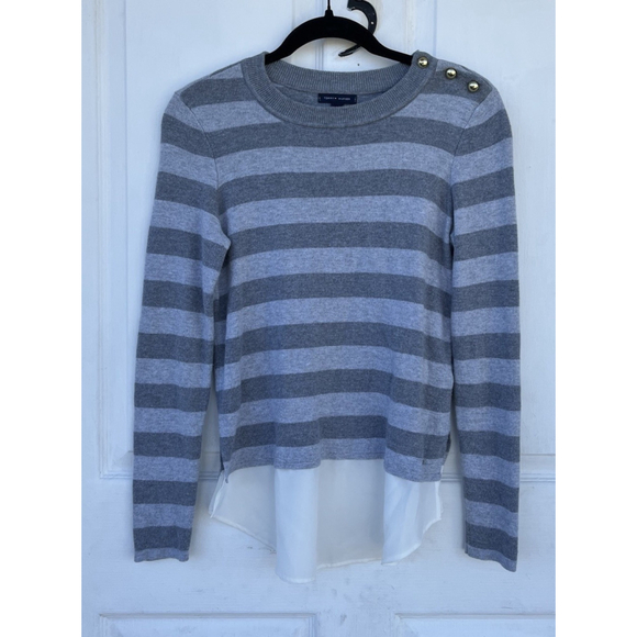 Tommy Hilfiger Gray Striped Knit Sweater Gold Button Shoulder Size S - Picture 4 of 10